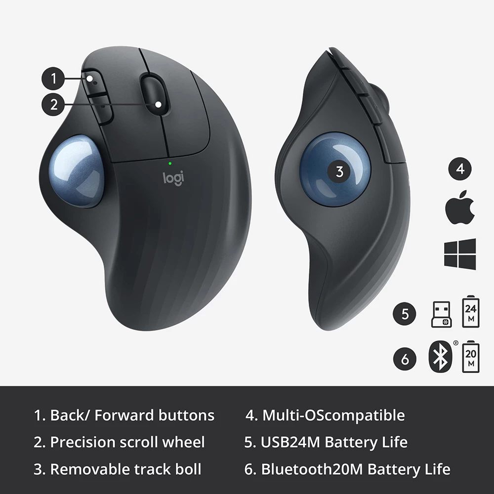 Logitech M575 Wireless Trackball Mouse, Tri Mode Connection, Up To 2000 DPI, Compatible With MacOS & Microsoft Windows - Black - Image 4