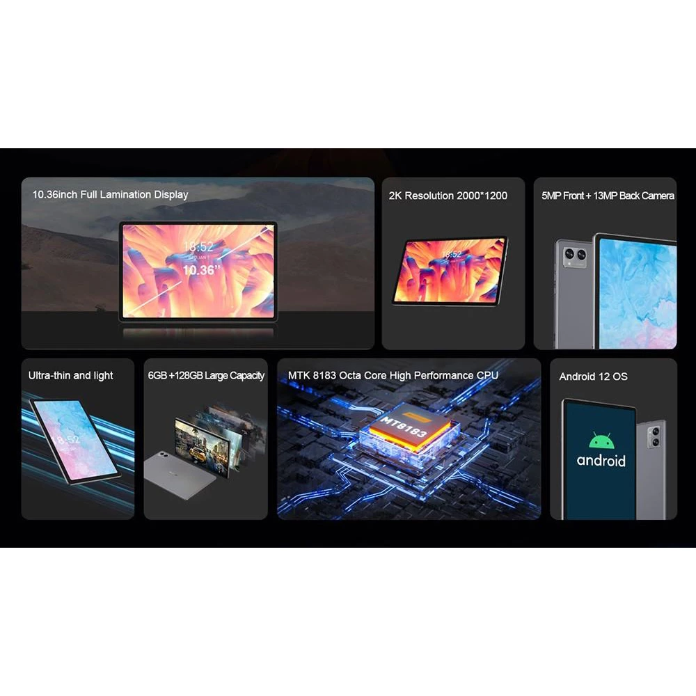 N-one NPad Plus Android 12 Tablet PC, MediaTek MTK8183 Octa Core 2.0GHz, 6GB+128GB, 10.36'' Full Display 2000x1200 2K Incell FHD IPS Screen 300Nits Brightness, 500g Ultra Light, Dual Wi-Fi Camera BT5.0, Type-C Micro SD, GPS BDS GLONASS Galileo A-GPS - Image 6