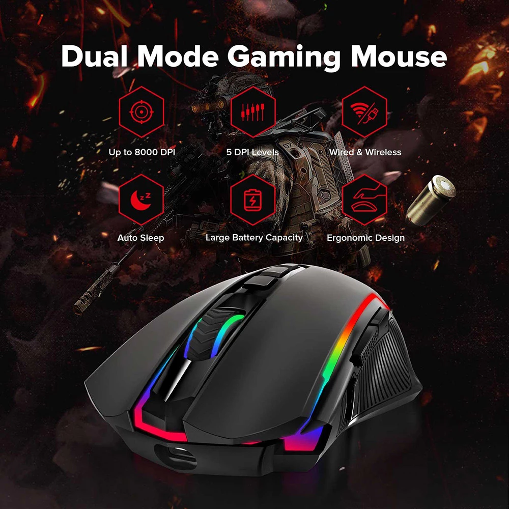 Redragon M910-KS RANGER LITE RGB 2.4G Wireless/Wired Dual Modes Gaming Mouse 8000 DPI With Rapid Fire Buttons - Black - Image 6