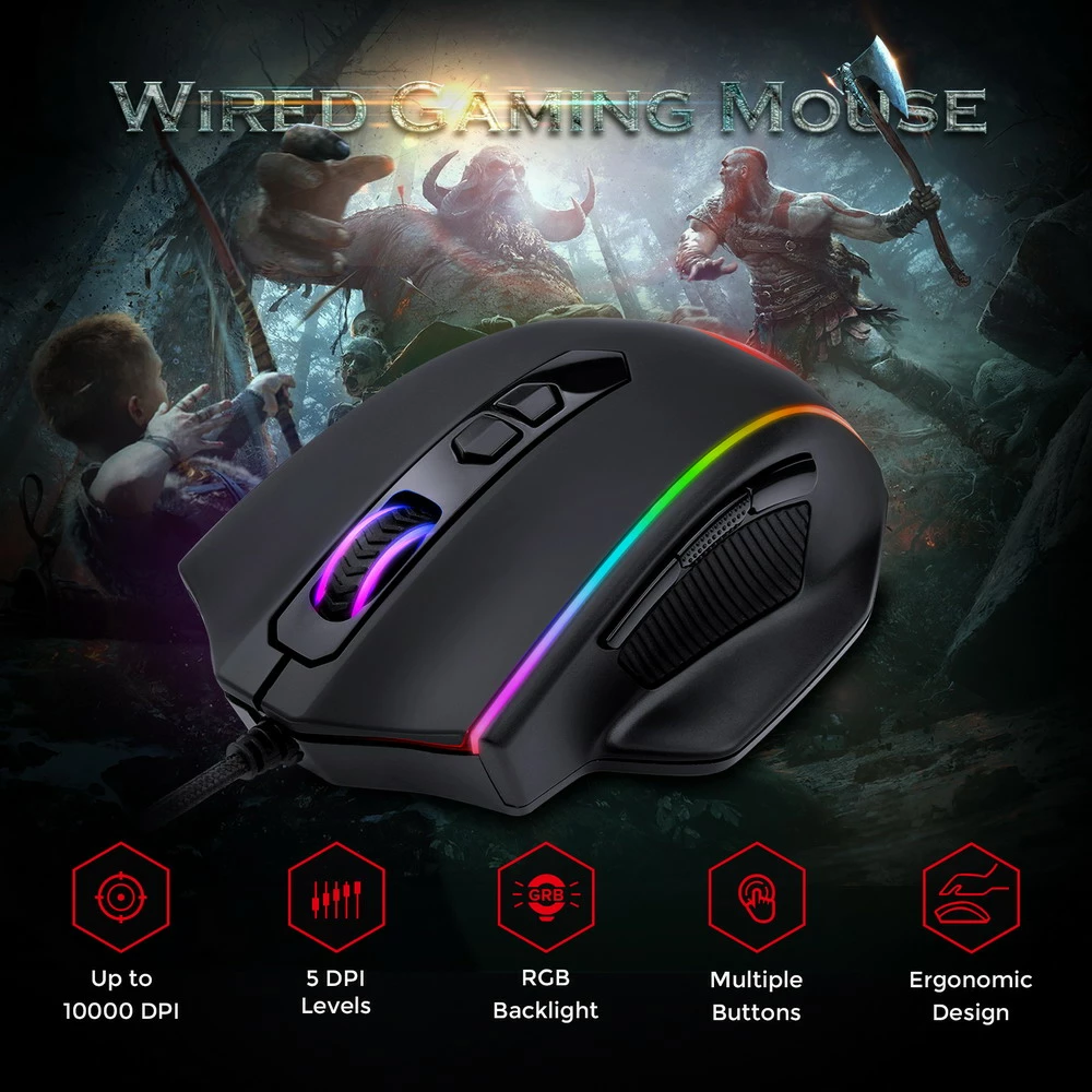 Redragon M720-RGB Vampire Wired Gaming Mouse, 10000 DPI, 7 Buttons Programmable, Built-in Weight Tuning - Black - Image 6